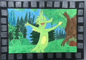 Kadr z filmu animowanego : „Tabaluga” Zielony smok tańczący na tle lasu. Praca wykonana w technice pastelowej.